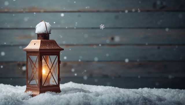 Glowing rustic lantern on snowy porch with candlelight and falling snow