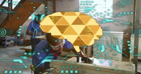 Carpenter cutting wood on table saw with brain circuit AR overlay for smart manufacturing