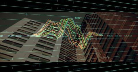3D Line Graph Overlapping Urban Skyline with Numbered Grid