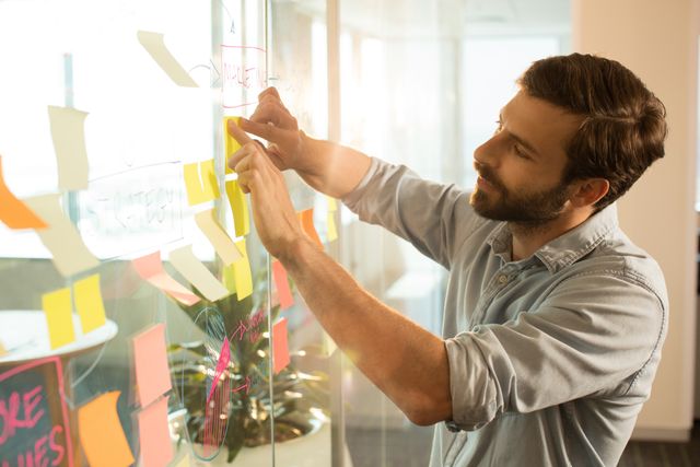 Young businessman sticking adhesive notes on glass at office