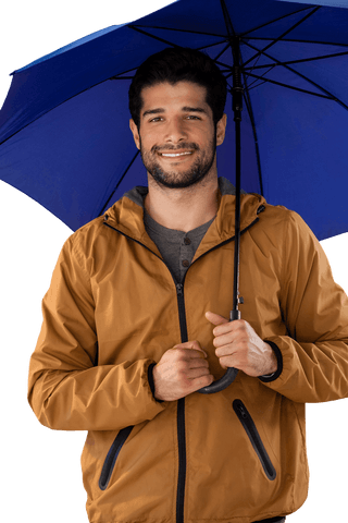 Smiling man holding blue umbrella transparent background