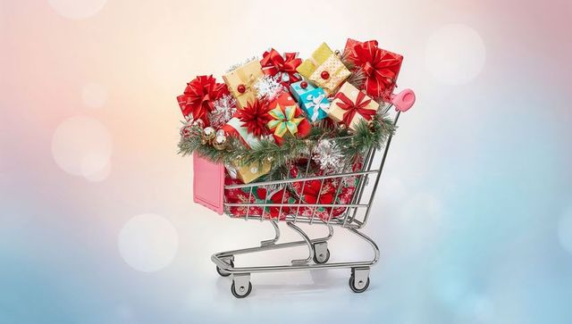 Shopping Cart Filled with Festive Christmas Gifts and Decorations