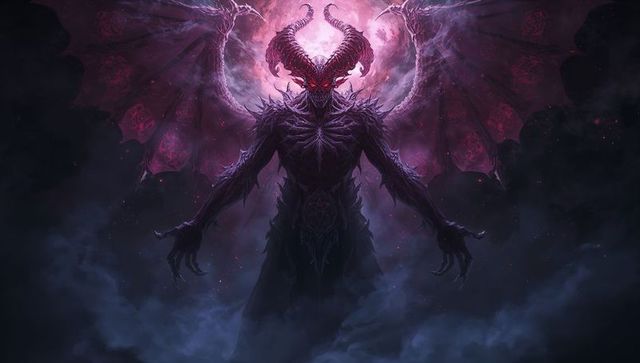 Demonic lord with bat wings in mysterious dark realm