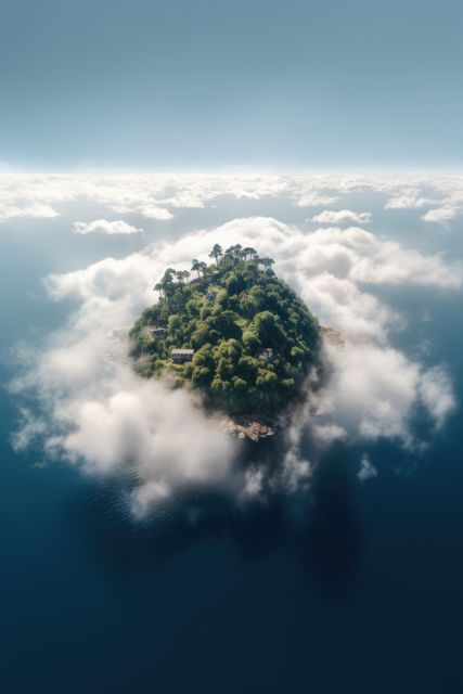 Island in the sky with greenery surrounded by clouds, created using generative ai technology. Fantasy and travel concept digitally generated image.