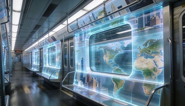 Futuristic Subway with Holographic World Map and City Skyline Projection on Smart Panels