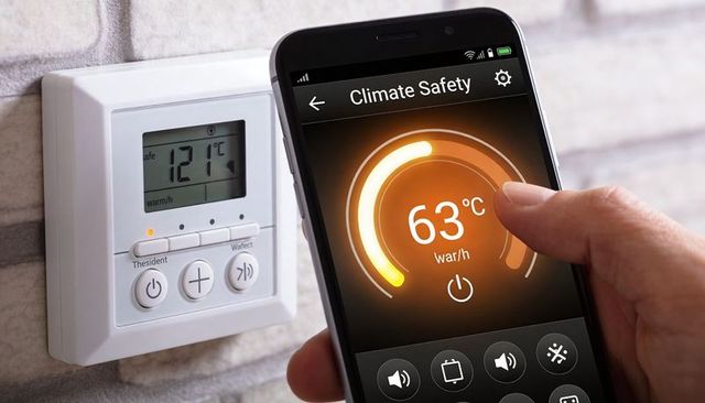 Smartphone controlling home thermostat using climate safety app showing 63°c gauge