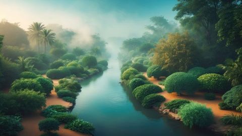 Lush botanical garden with misty river and verdant foliage, garden of eden concept