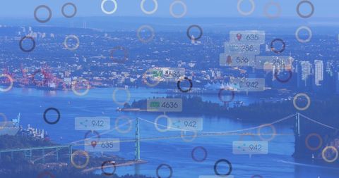 Digital data overlays on cityscape showing social media connections