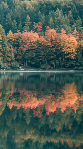 Autumn forest reflecting on calm lake with gentle ripples vertical video for social reels