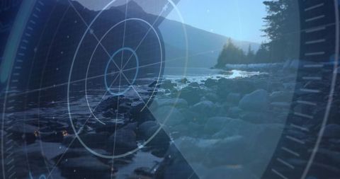 Hud radar scanning rocky lakeshore mapping shallow water in mountain valley