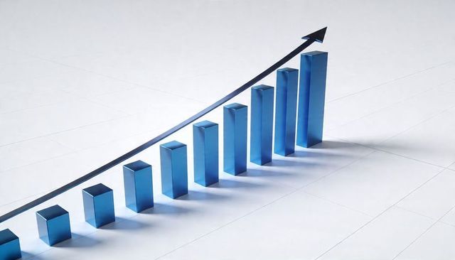 Rising blue 3d bar graph with upward arrow representing business growth and data analytics