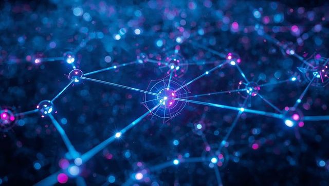 Pulsing central node emitting neon cyan and magenta links across dark network, hex overlay