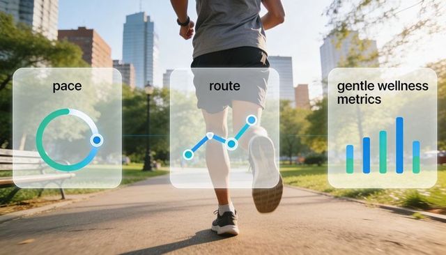 Male runner jogging morning city park wearing smartwatch displaying fitness hud metrics