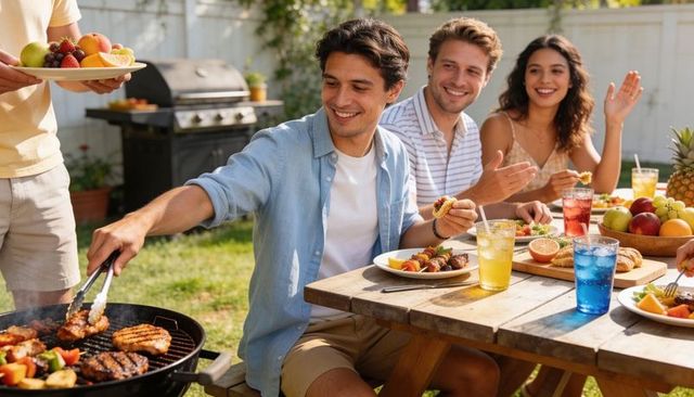 Friends enjoying backyard barbecue with man grilling burgers at picnic table