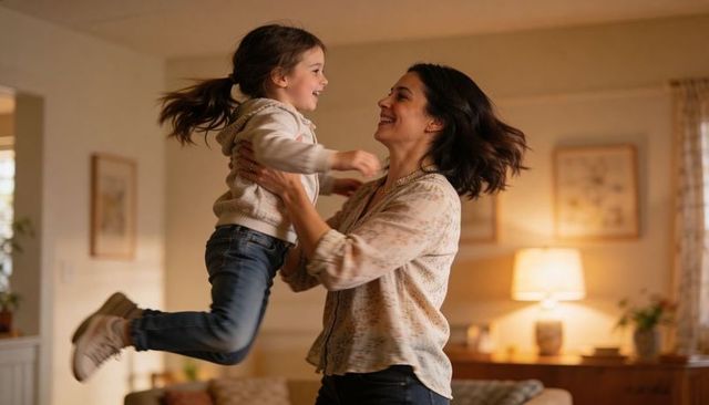 Mother lifting joyful daughter in cozy living room, smiling family moment under warm evening light