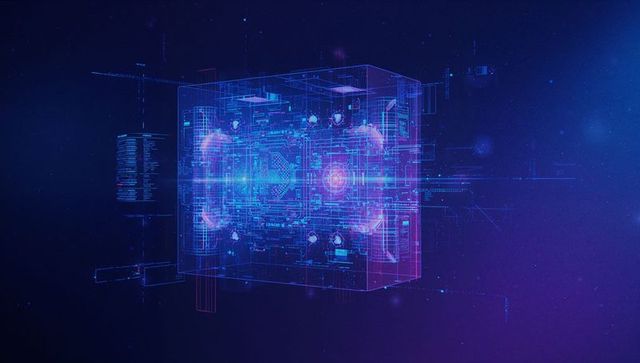 Futuristic Holographic 3D Circuit Cube with Pulsing Data Streams