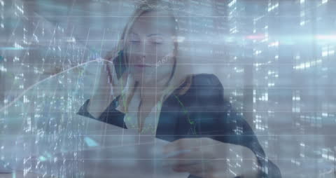 Businesswoman Analyzing Data with Phone in Futuristic Setting