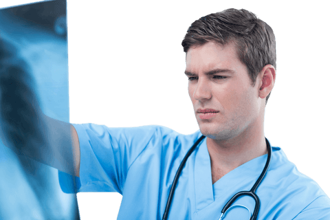 Male doctor examining x-ray with transparent background
