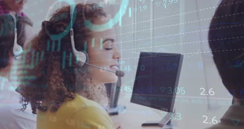 Smiling Call Center Agent with Financial Data Overlay