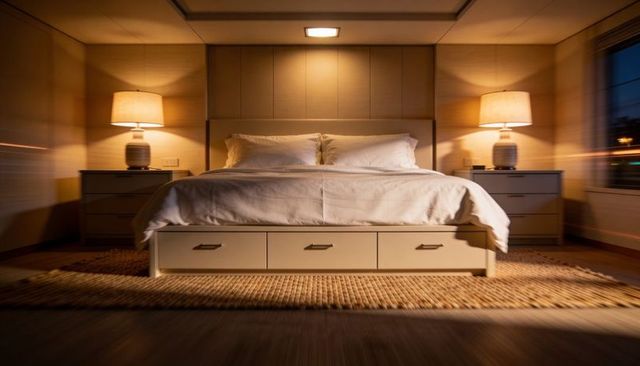 Warm modern bedroom with king-size storage bed, paneled headboard and bedside lamps