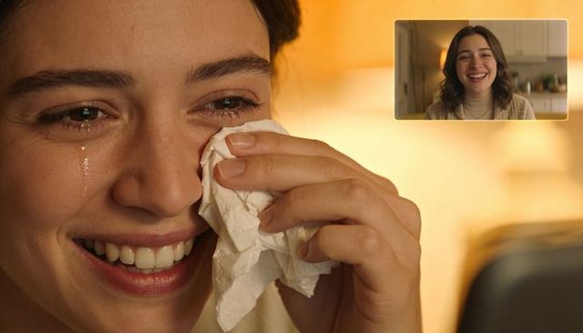 Young woman tearing up during video call wiping tears with tissue intimate close-up
