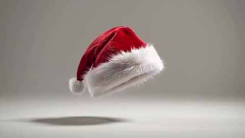 Hovering Santa Hat Tilting Over Gray Surface Casting Soft Shadow - Velvet Fur Pom-Pom