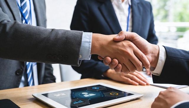Shaking hands sealing business deal at conference table with tablet dashboard display