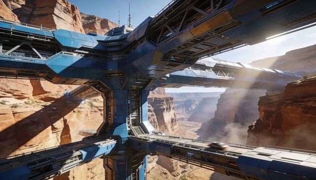 Futuristic blue modular transit hub spanning canyon with high-speed vehicle and sunbeams