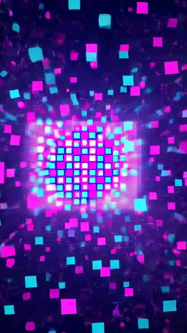 Pulsing Neon Mosaic Grid Expanding Into Floating Pink and Cyan Pixels Vertical Loop