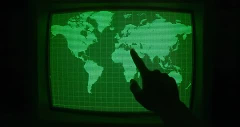 Hand Interacting with Global Map Interface on vintage Monotor World Navigaion