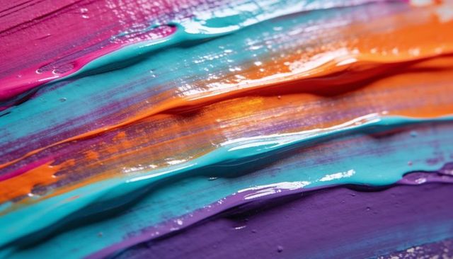Vibrant paint knife strokes creating glossy layered abstract texture in bright colors