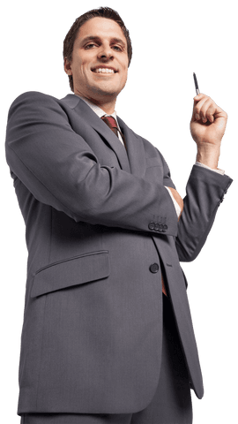 Confident Businessman with Pen on Transparent Background