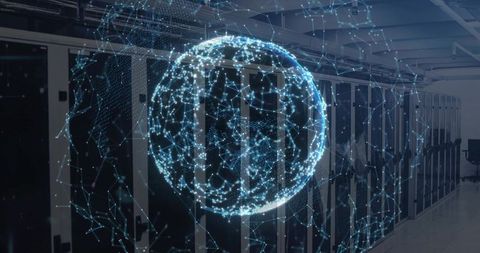 Holographic globe mapping global network above server cabinets in futuristic data center