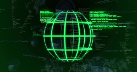 Neon Green Holographic Wireframe Globe Rotating in Cyber Dashboard with Floating Code Data
