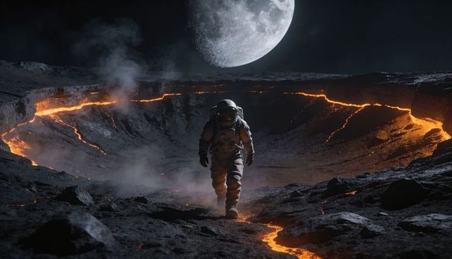 Astronaut walking across lava-scarred lunar crater under giant moon, volcanic exploration
