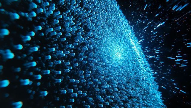 Glowing blue particle field curving into digital vortex with motion blur and light burst