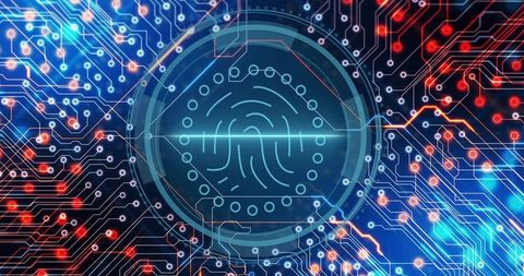 Scanning Fingerprint HUD Over Circuit Board Representing Biometric Authentication for Cybersecurity