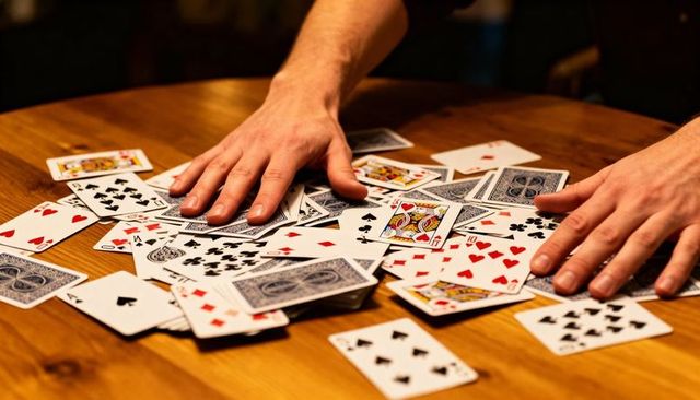 Hands spreading playing cards across wooden table creating lively poker chaos