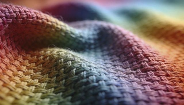 Macro close-up of colorful knitted fabric revealing woven stitch texture and gradient yarn