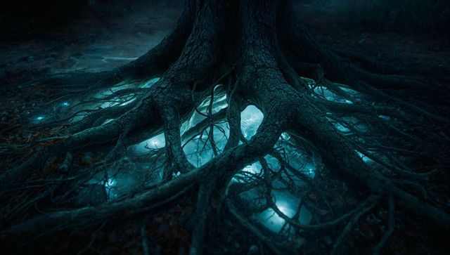 Mystical Blue Glow Emerging from Forest Tree Roots at Night