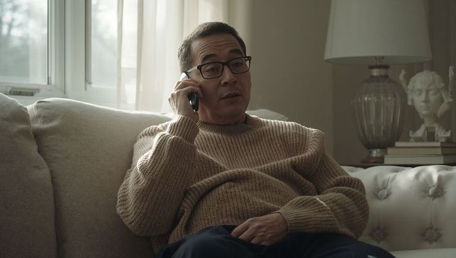 Relaxing on sofa while talking on smartphone in sunlit minimalist living room