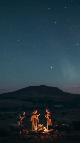 Vertical Night Nativity: Robed Figures Reading Scroll and Blessing Infant by Campfire