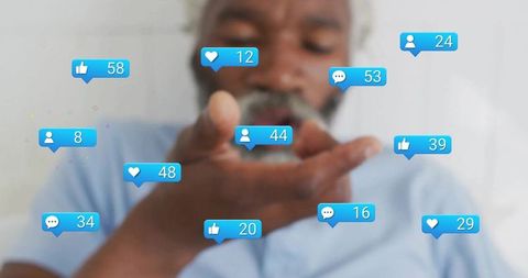 Man interacting with virtual social media notifications