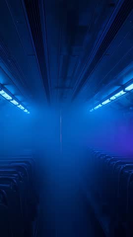 Vertical neon carriage interior with orange laser beam piercing fog, futuristic atmosphere