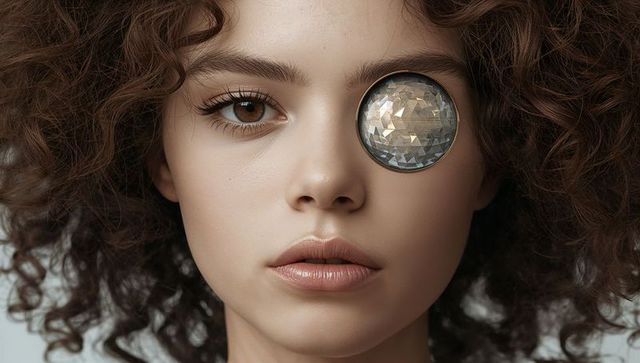 Teenage girl wearing faceted gem monocle, curly hair closeup portrait, futuristic beauty