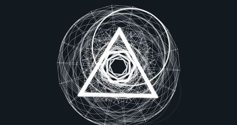 Abstract geometric shapes spinning on dark background