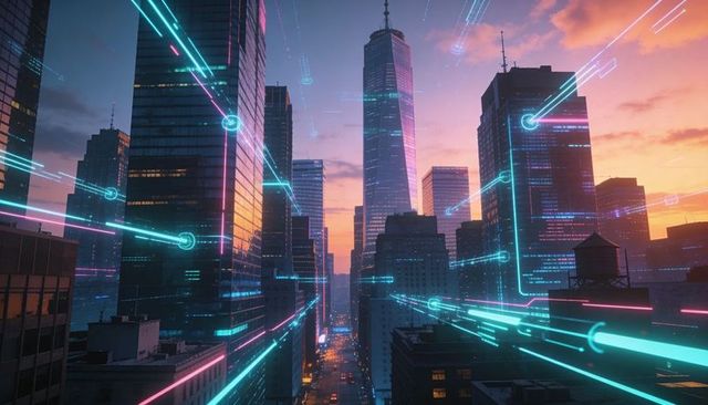 Glowing Central Spire Reflecting Sunset While Neon Data Streams Racing Through Futuristic Skyline