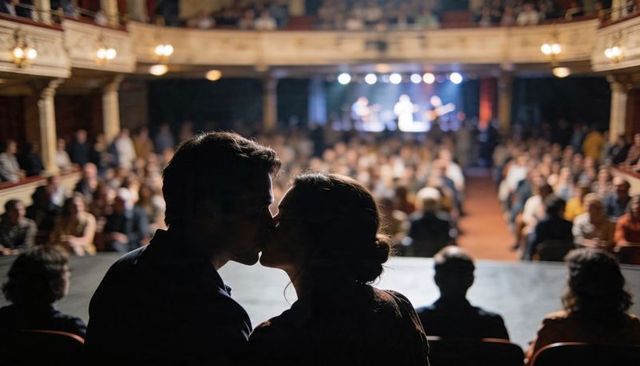 Silhouetted couple kissing on front of stage with live band and ornate theater balcony