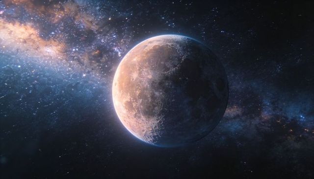Cratered planet hovering at terminator line with glowing limb and milky way band