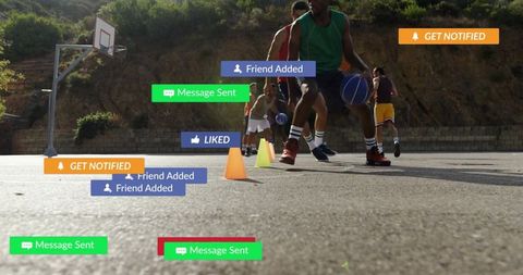 Basketball training outdoors with digital interface notifications